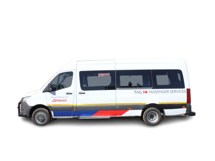 22-Seater Mercedes-Benz Sprinter bus with cloth seats, 2-point safety belts, parcel shelves and entertainment system for hire in Gauteng. Ideal for school trips, sports days, private charters, corporate events, and more.