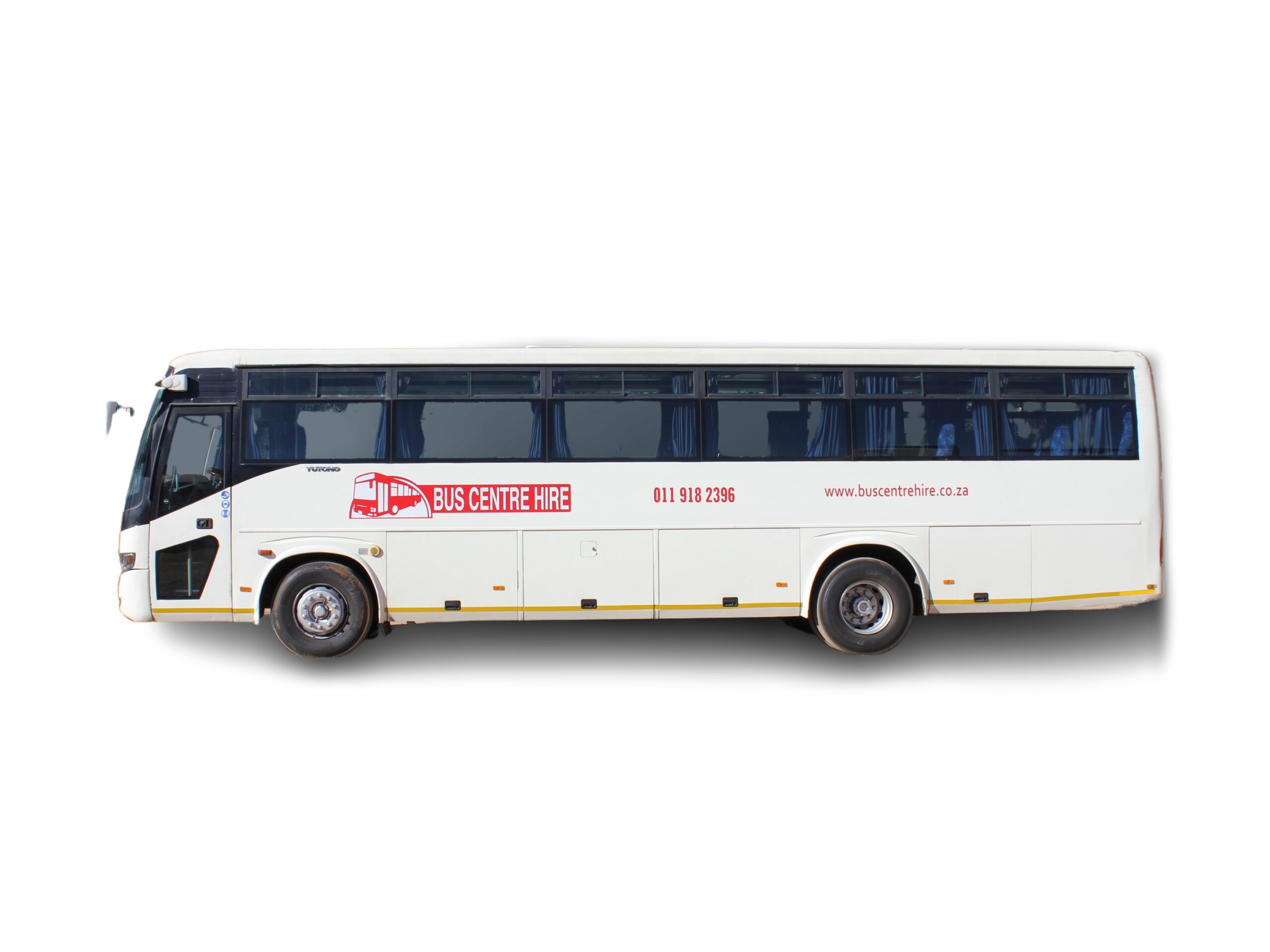 60-Seater Yutong F11 bus with cloth seats, 2-point safety belts and underfloor luggage compartments for hire in Gauteng. Ideal for school trips, sports days, private charters, corporate events, and more.