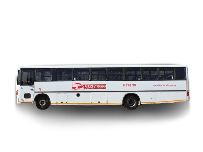 65-Seater Hino 500 Busmark 2000 bus with cloth seats and 2-point safety belts, underfloor for hire in Gauteng. Ideal for school trips, sports days, private charters, corporate events, and more.