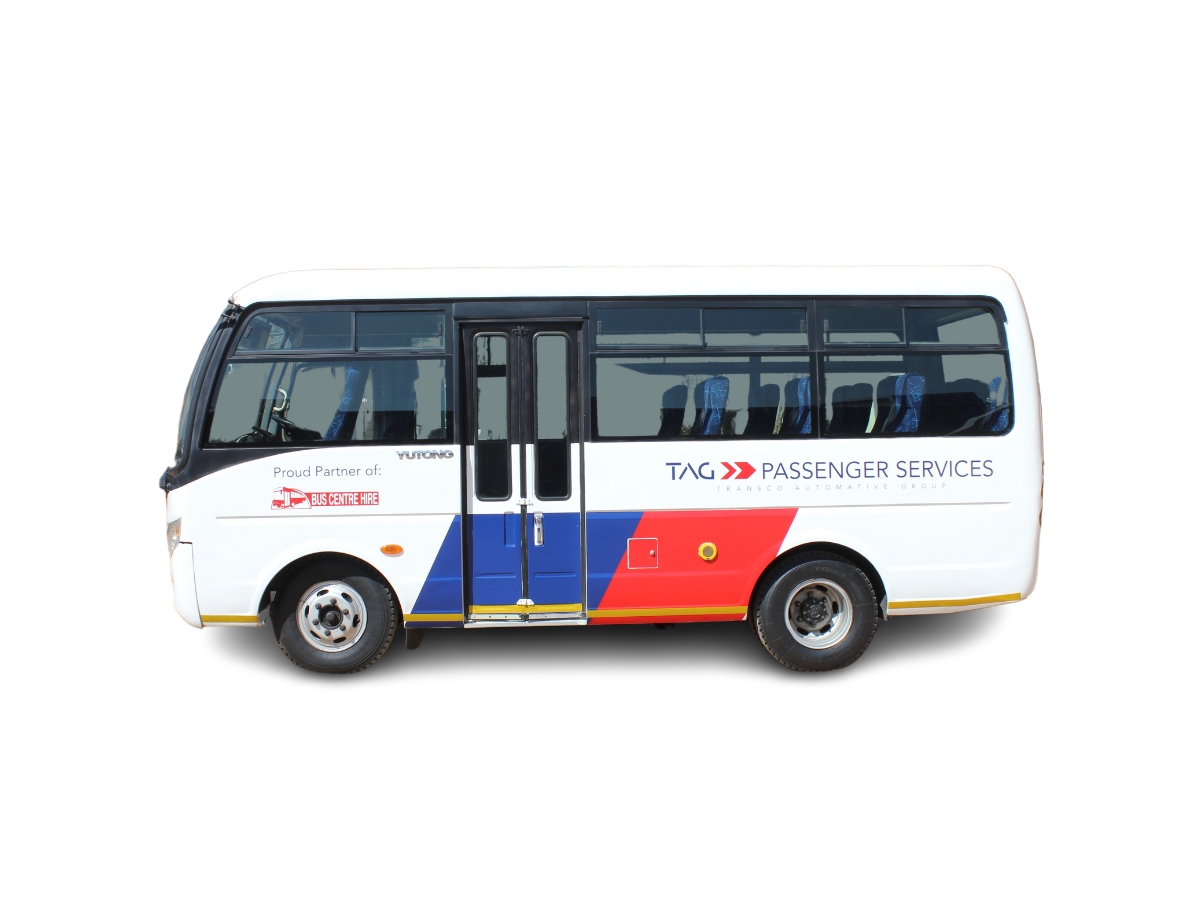 20-Seater Yutong ZK6608 bus with cloth seats, 2-point safety belts for hire in Gauteng. Ideal for school trips, sports days, private charters, corporate events, and more.