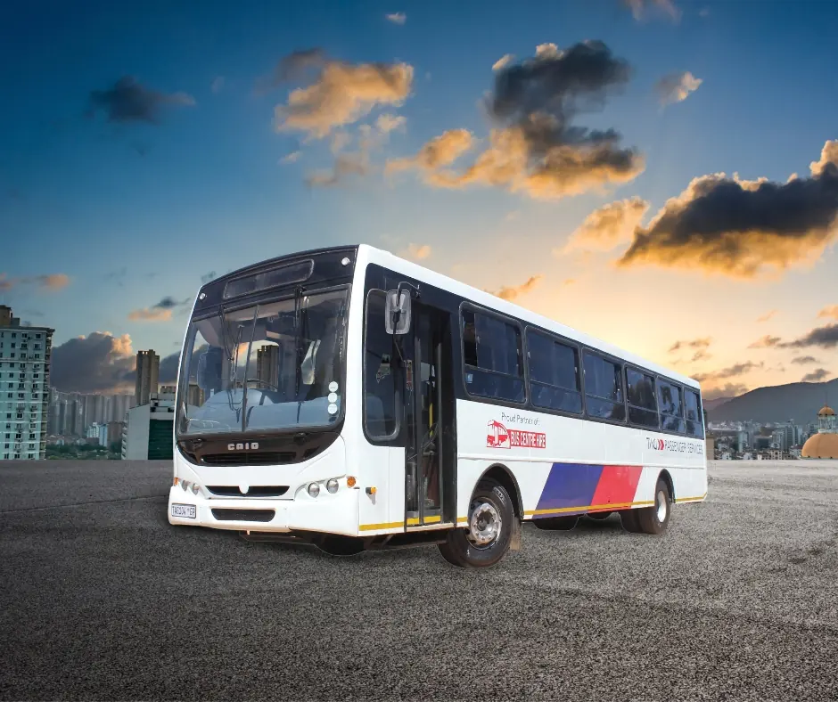 65-seater bus for hire in Gauteng – modern and safe for large group transportation. 63-seater bus for hire in Gauteng – perfect for large group transport. Semi-luxury 63-seater bus with cloth seats and opening windows.