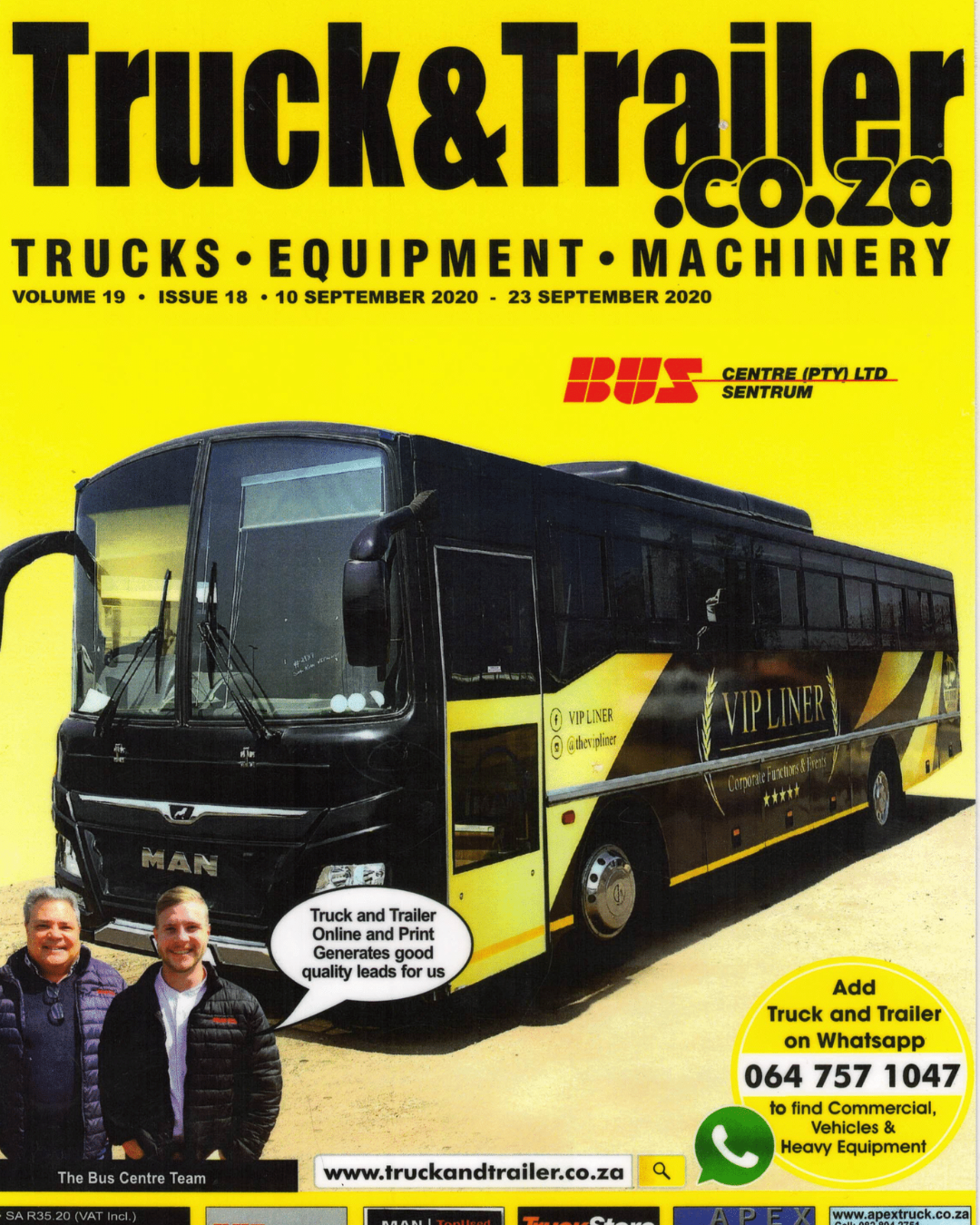 Truck & Trailer Magazine Cover, Volume 19, Issue 18, Date 10 September 2020 - 23 September 2020, Calvin Van Der Merwe on the right, can be seen standing with his father Claude Van Der Merwe on the left.