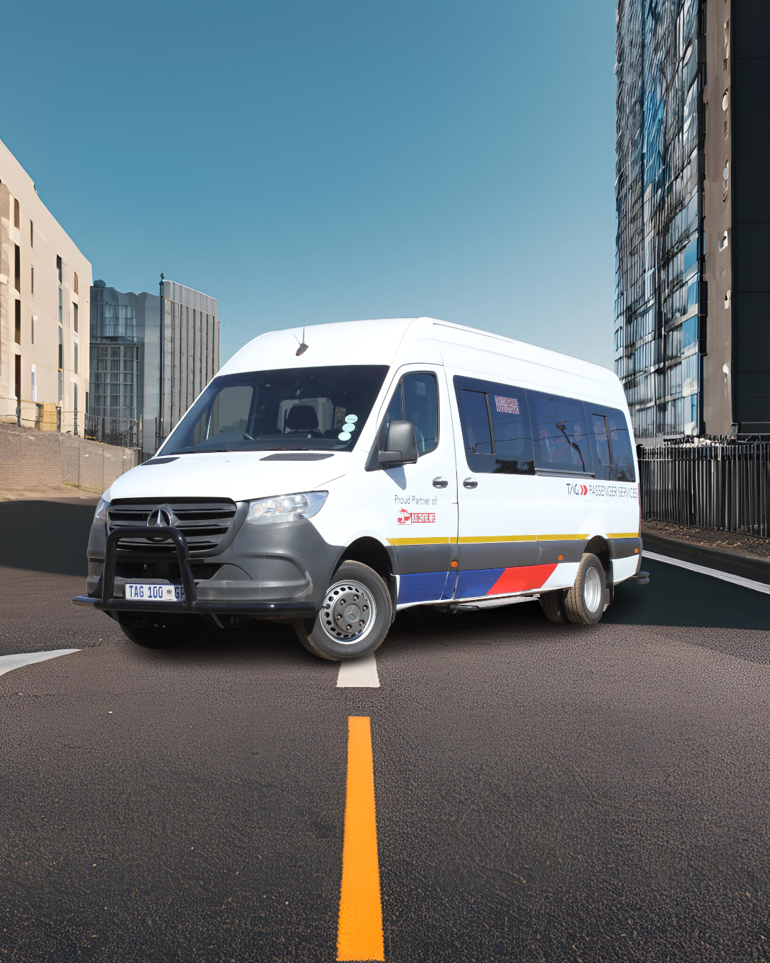 22-Seater Mercedes-Benz Sprinter bus with cloth seats, 2-point safety belts, parcel shelves and entertainment system for hire in Gauteng. Ideal for school trips, sports days, private charters, corporate events, and more.