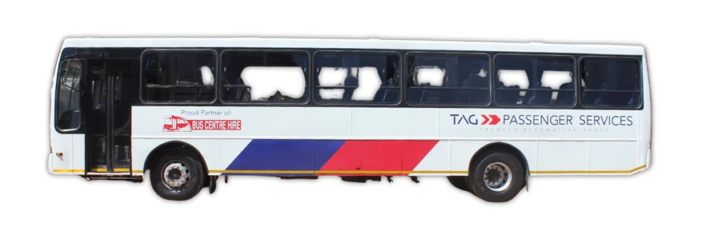 TAG104GP - 63 Seater Bus Side Profile Modern 63-seater bus for hire in Gauteng - perfect for school trips and events